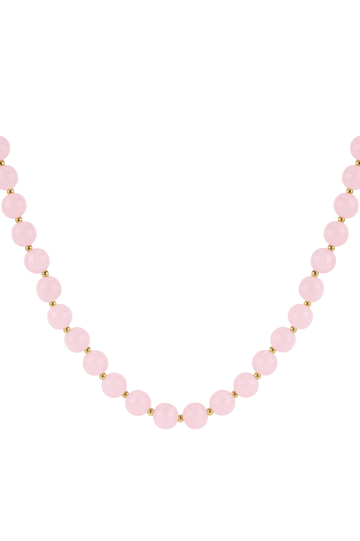 Close-up of soft blush pink glossy acrylic beaded necklace with gold spacers on white background