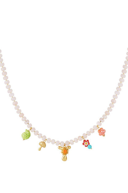 Beaded necklace with light pink faceted beads and whimsical, colorful gold-tone charms including a sun, flower, and snail.