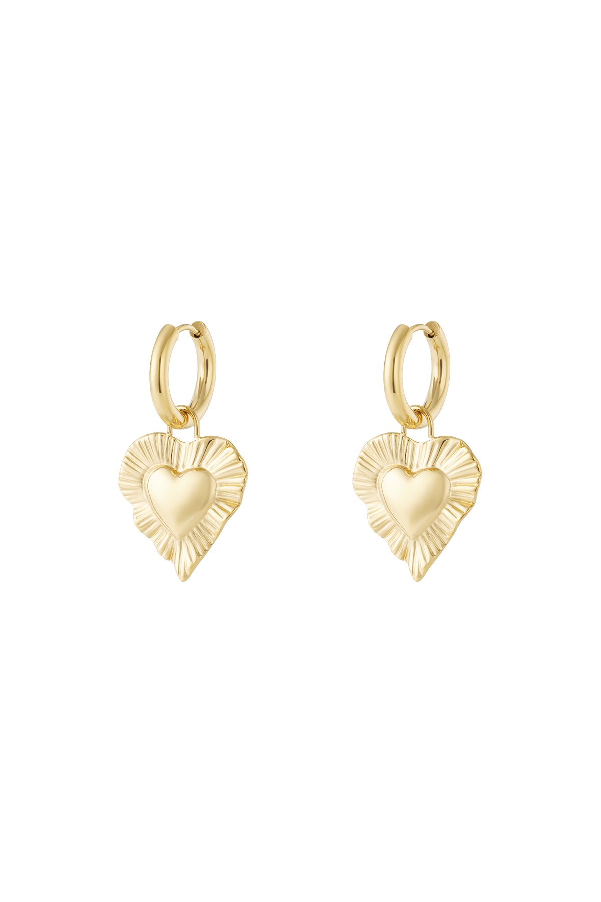 Pair of gold drop earrings with radiant heart-shaped charms featuring a textured fluted border on white background.