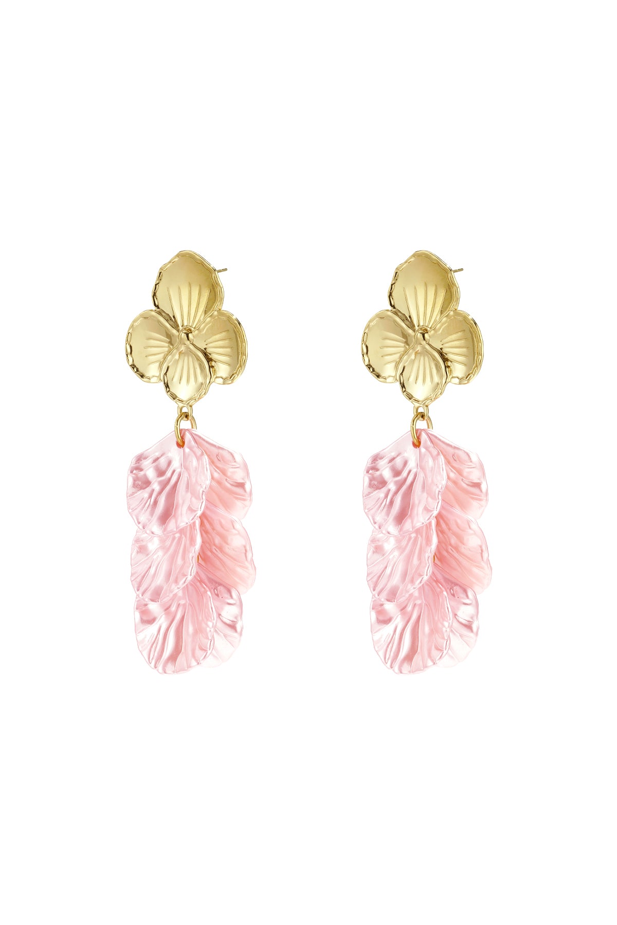 Gold flower drop earrings with cascading blue iridescent plastic petals showcased on white background