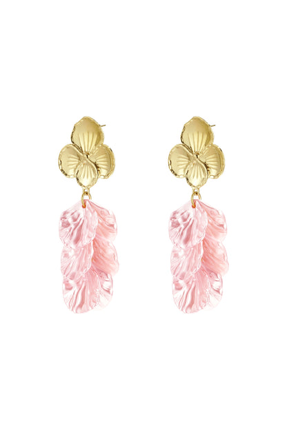 Gold flower drop earrings with cascading blue iridescent plastic petals showcased on white background