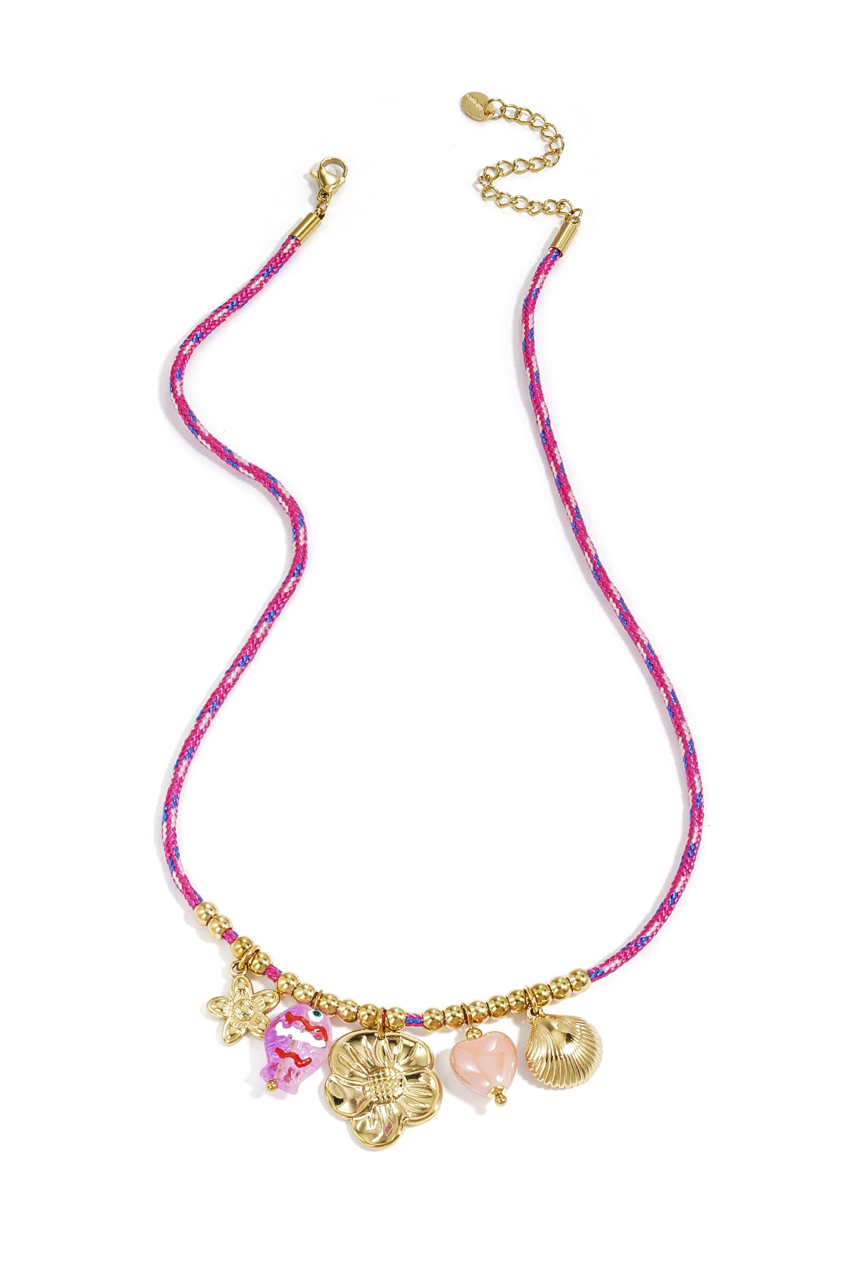 Pink rope necklace with gold beads and five charms including flower, fish, heart, star, and shell on a white background