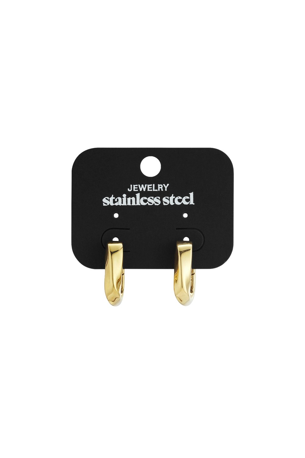 Gold-toned stainless steel rectangular hoop earrings on a black display card.