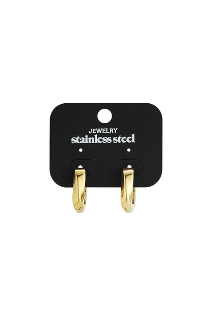 Gold-toned stainless steel rectangular hoop earrings on a black display card.