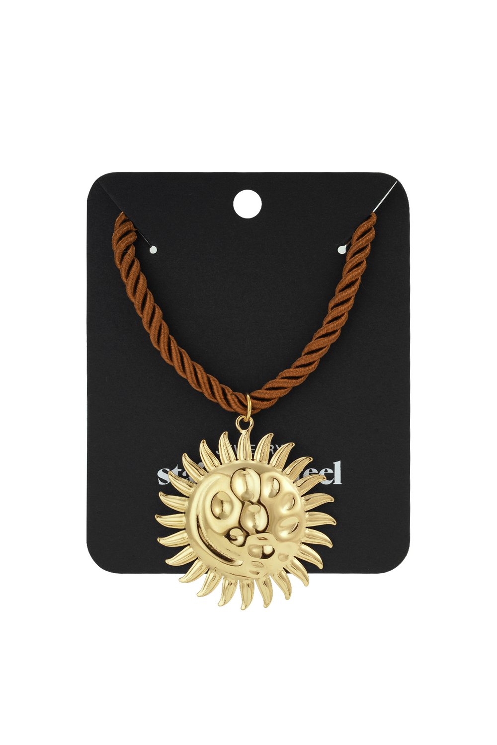 Sunbeam choker featuring a large, polished gold sun pendant on a brown twisted cord, displayed on a black backing card.