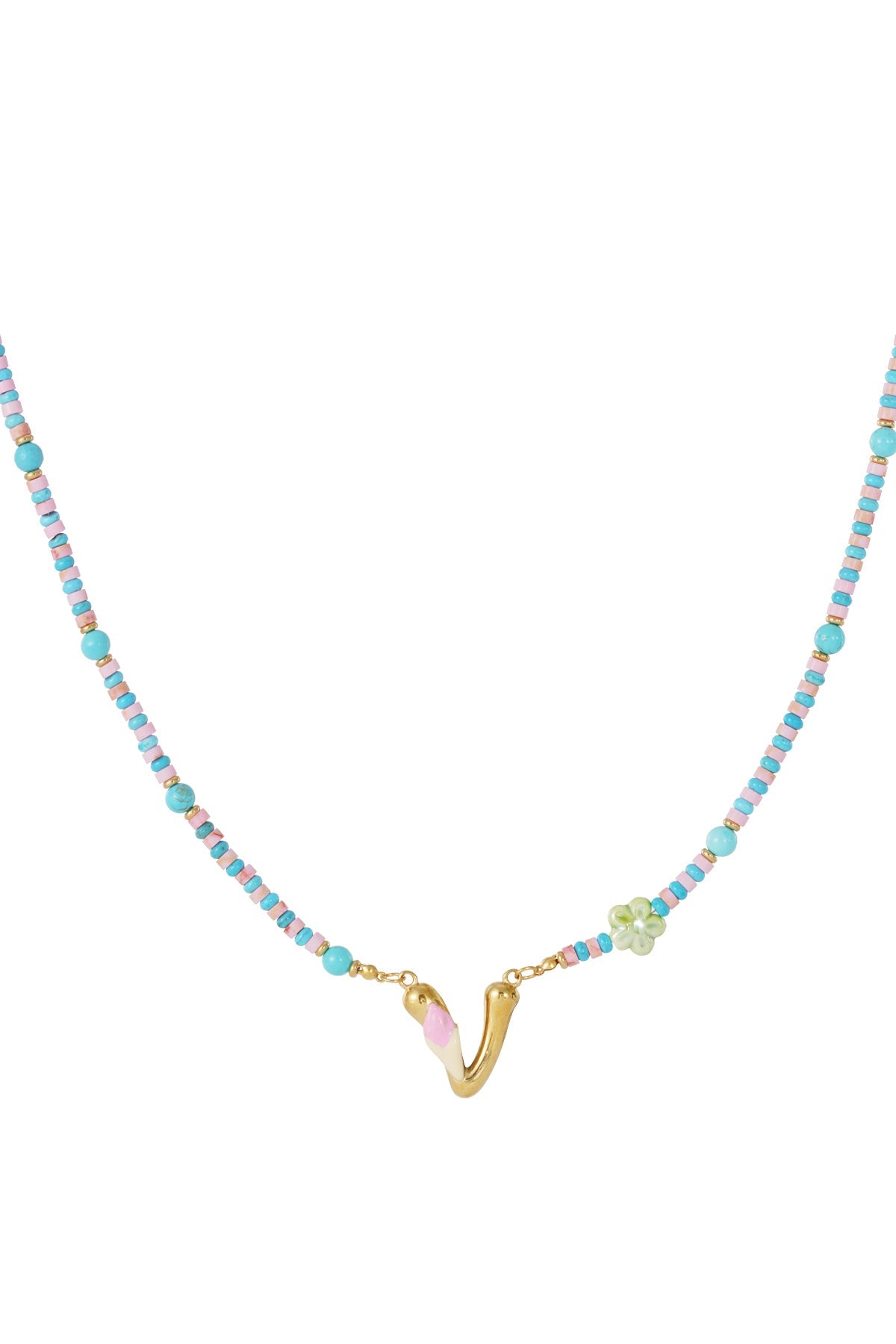 Beaded necklace with alternating pink and blue beads, a small green flower accent, and a gold letter V charm.