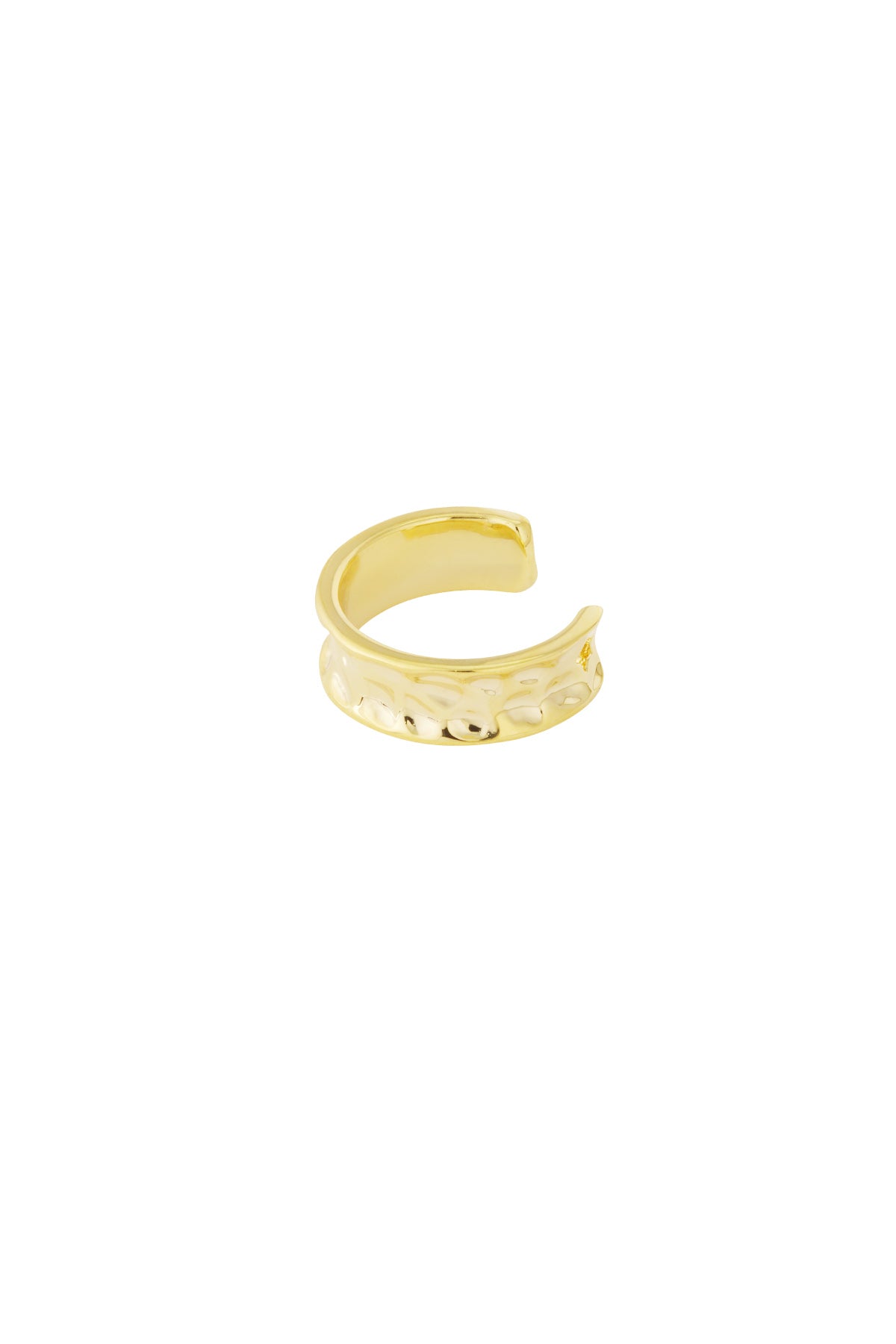 Single close-up image of a gold hammered metal ear cuff on a white background