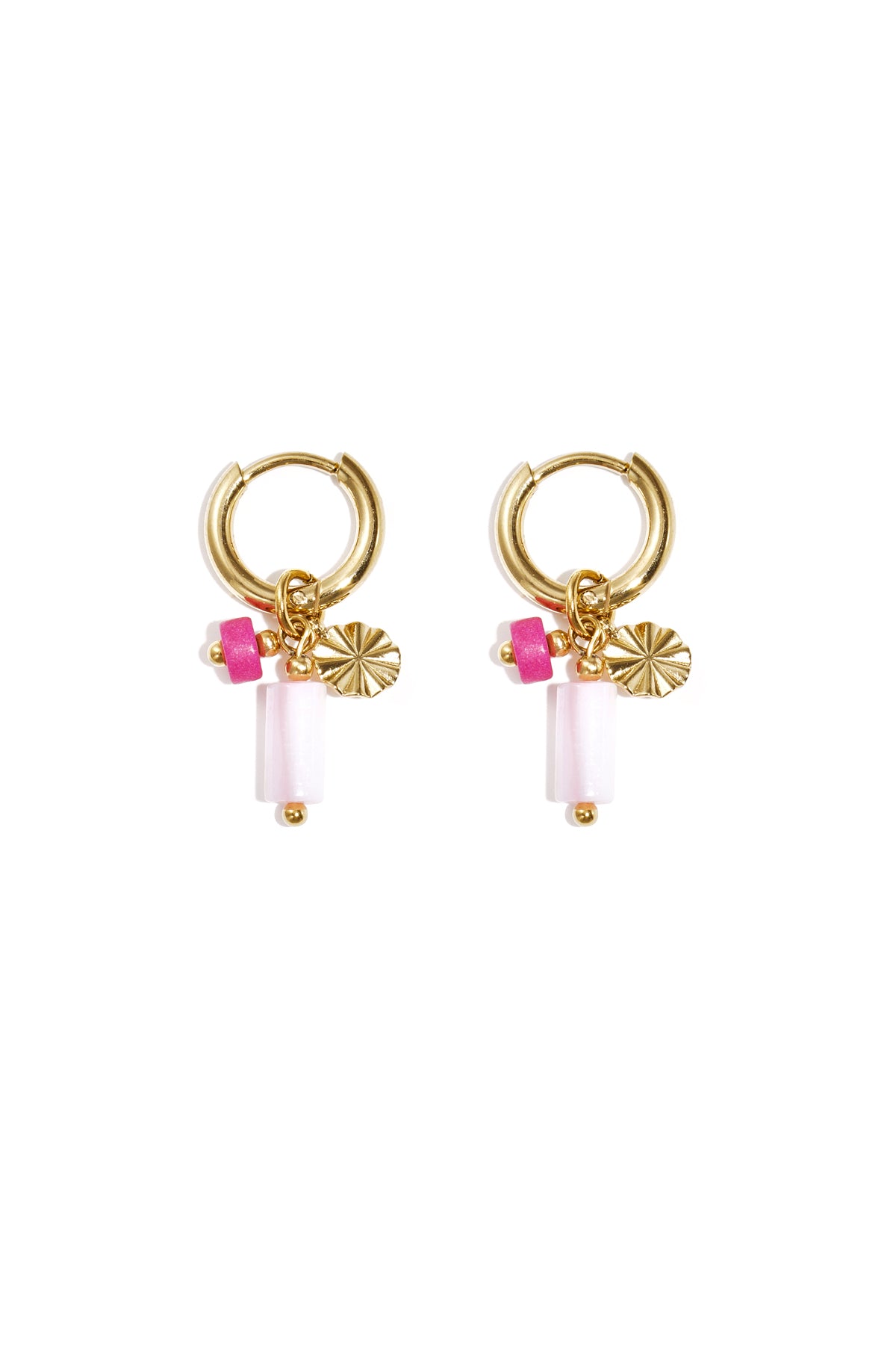 Gold-tone hoop earrings with pink and white stone beads and textured disc charm on white background