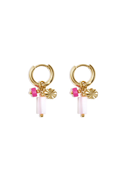 Gold-tone hoop earrings with pink and white stone beads and textured disc charm on white background