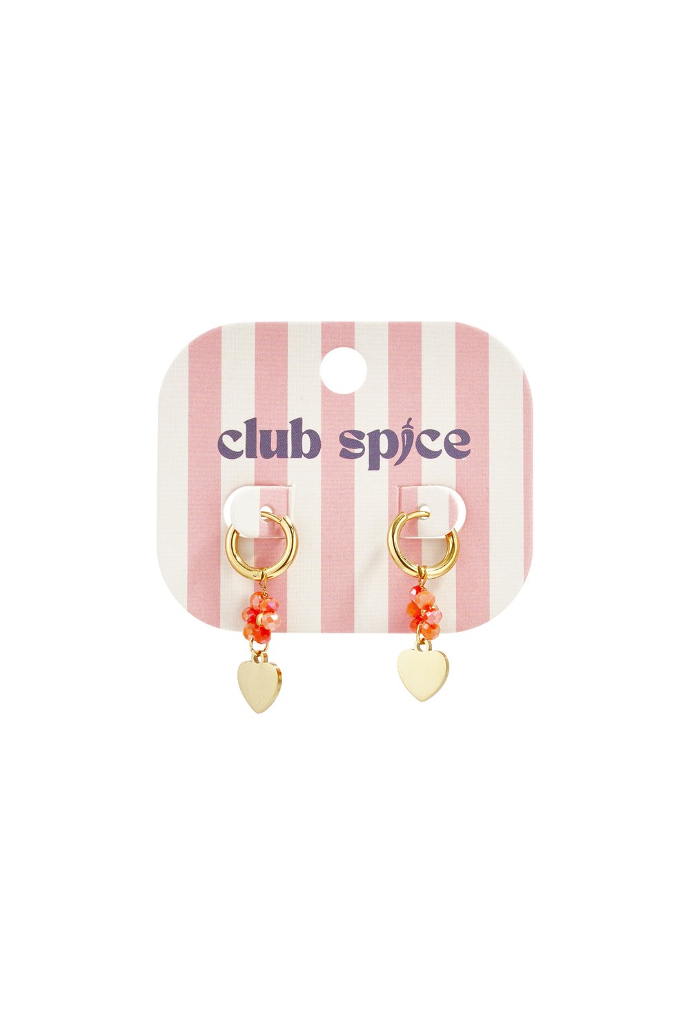 Gold hoop earrings featuring red beaded clusters and small gold heart charms on a striped Club Spice display card.