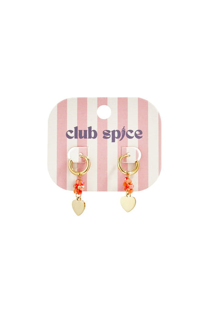 Gold hoop earrings featuring red beaded clusters and small gold heart charms on a striped Club Spice display card.
