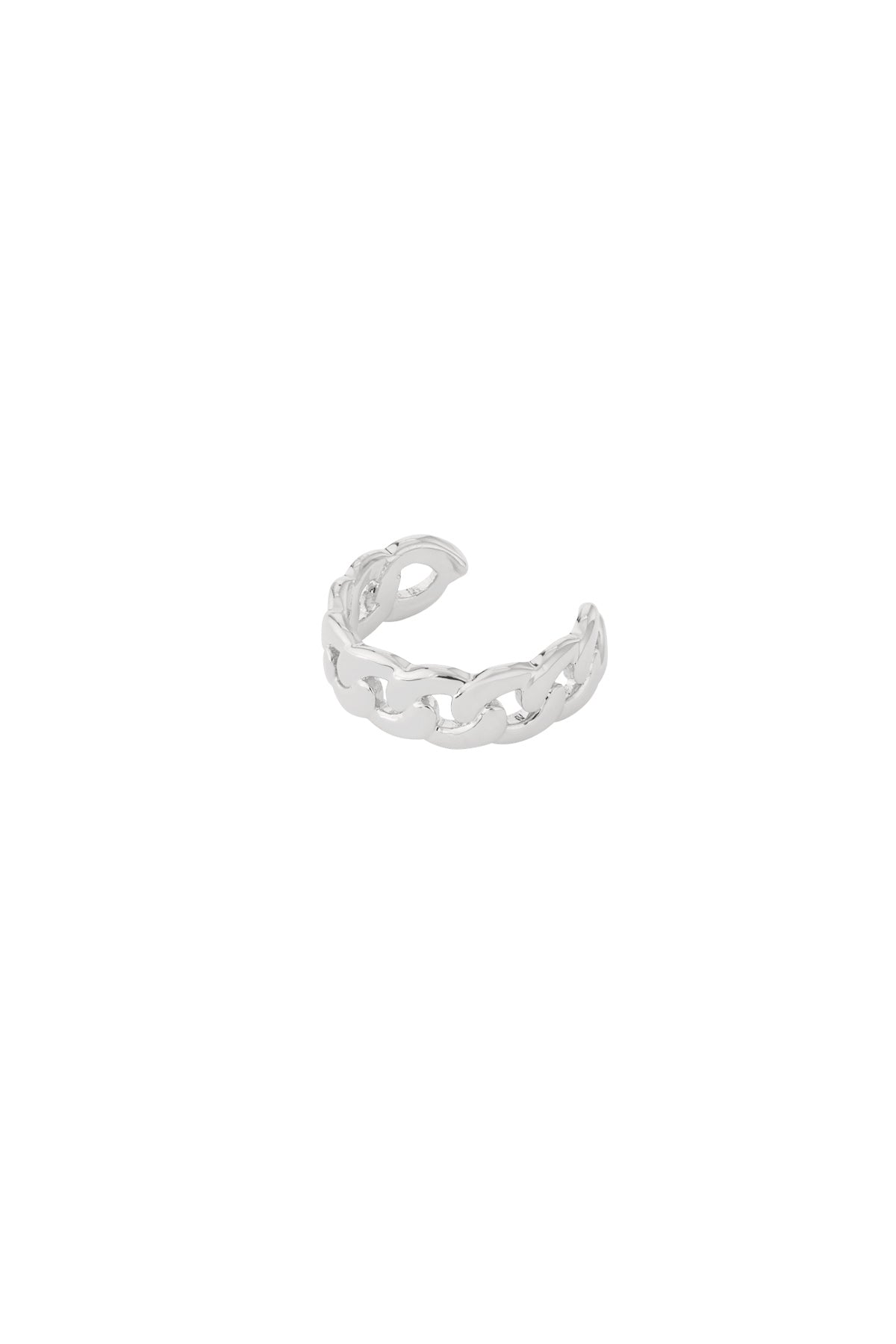 Close-up view of a chunky silver chain-link ear cuff with an open adjustable design.