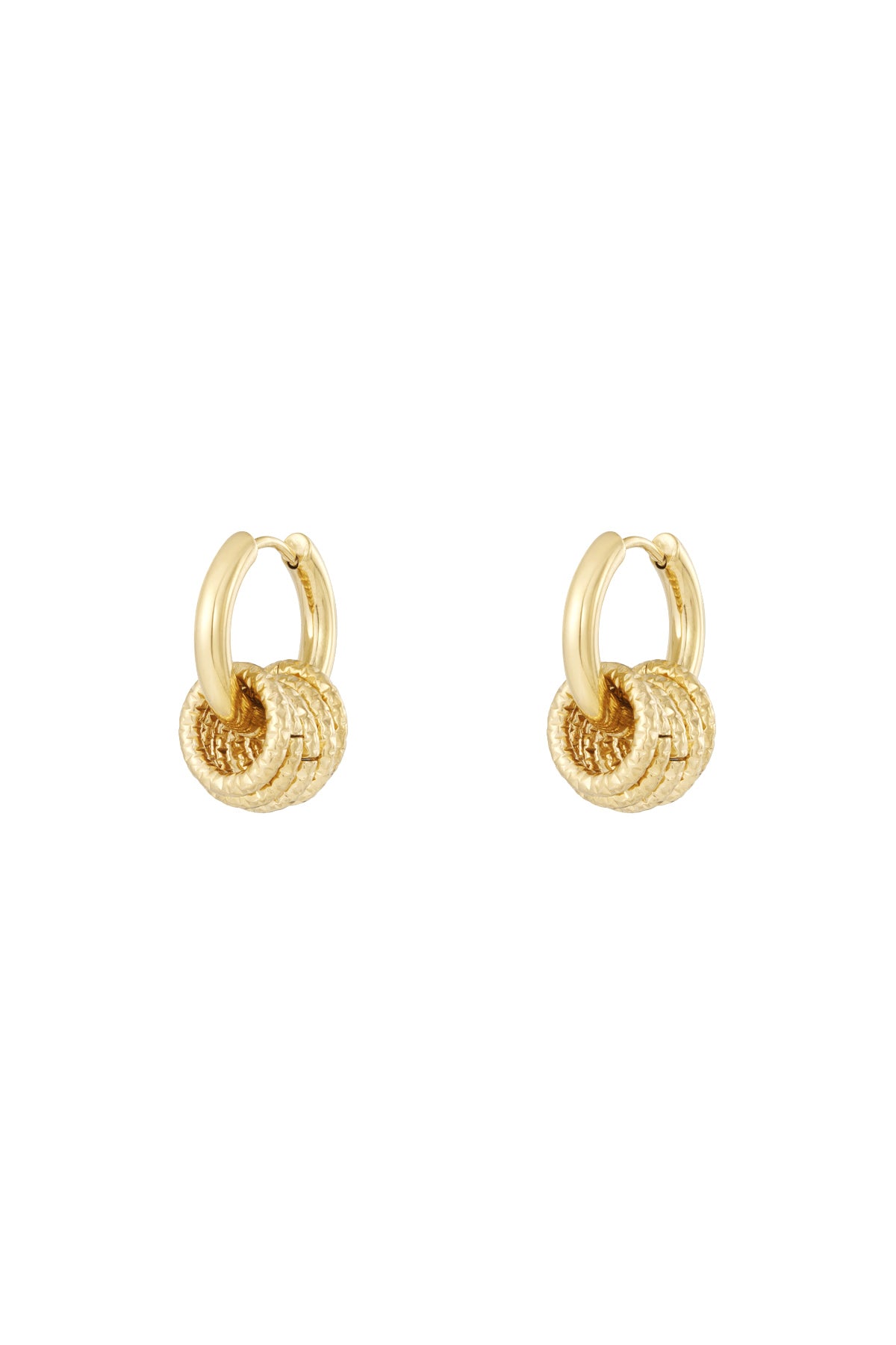 Pair of gold textured hoop drop earrings isolated on white background