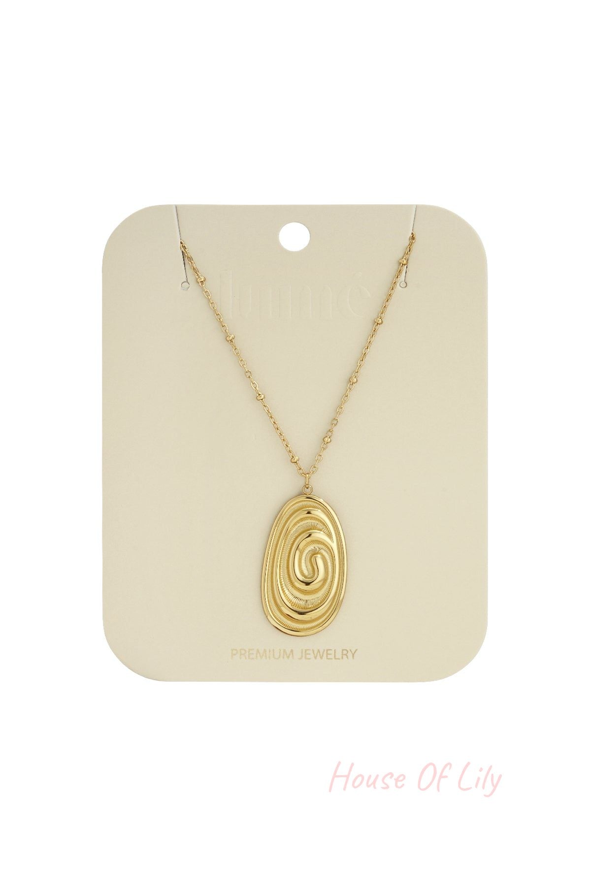 Gold-tone Irregular Soul necklace featuring an oval pendant with a swirling, textured design on a beaded chain.