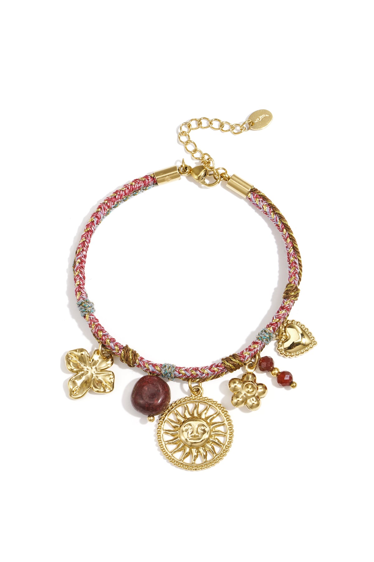 Braided pink and gold-tone charm bracelet featuring sun, flower, heart, and bead charms on white background