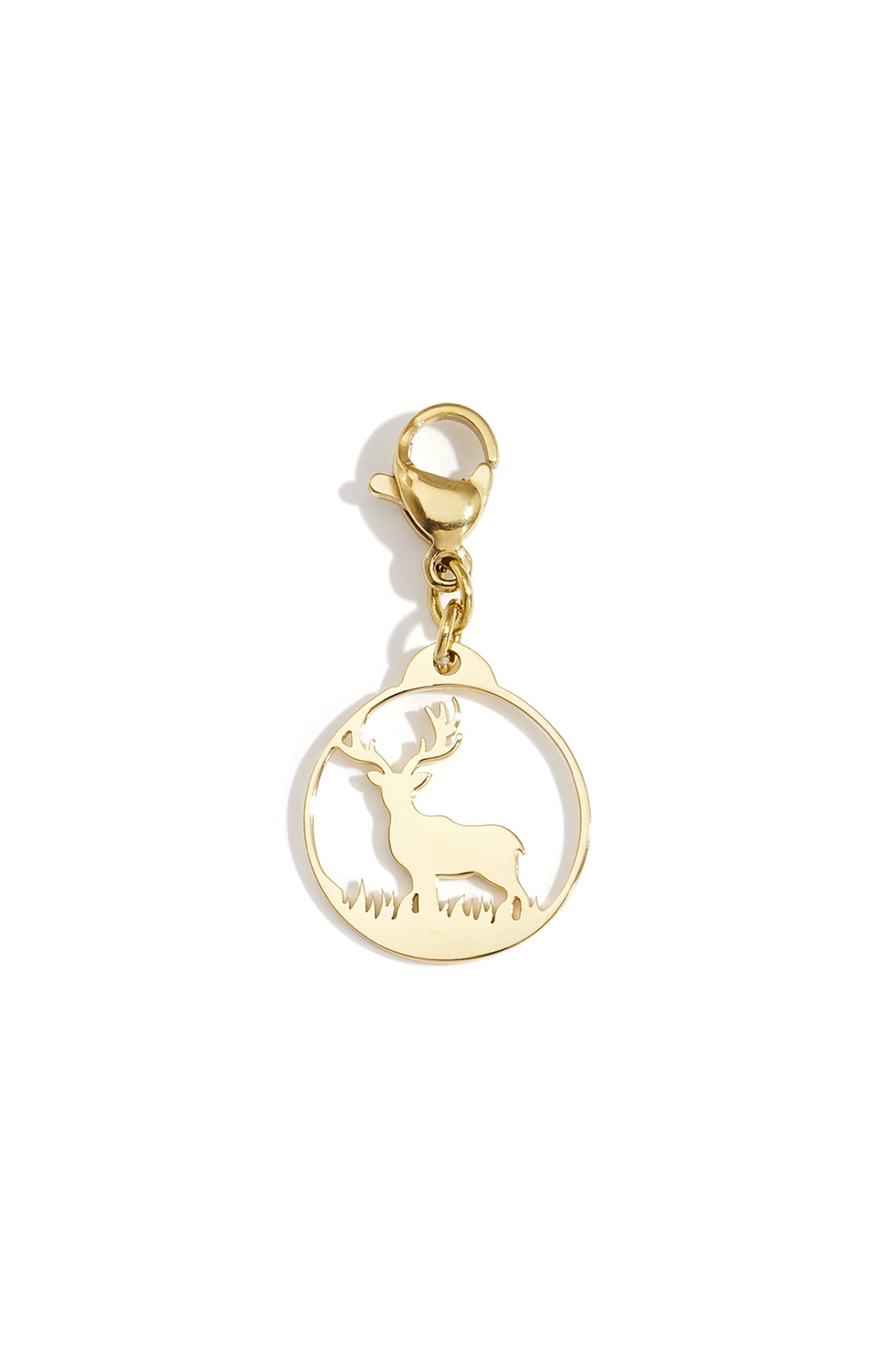 Close-up of golden reindeer charm pendant with lobster clasp isolated on white background