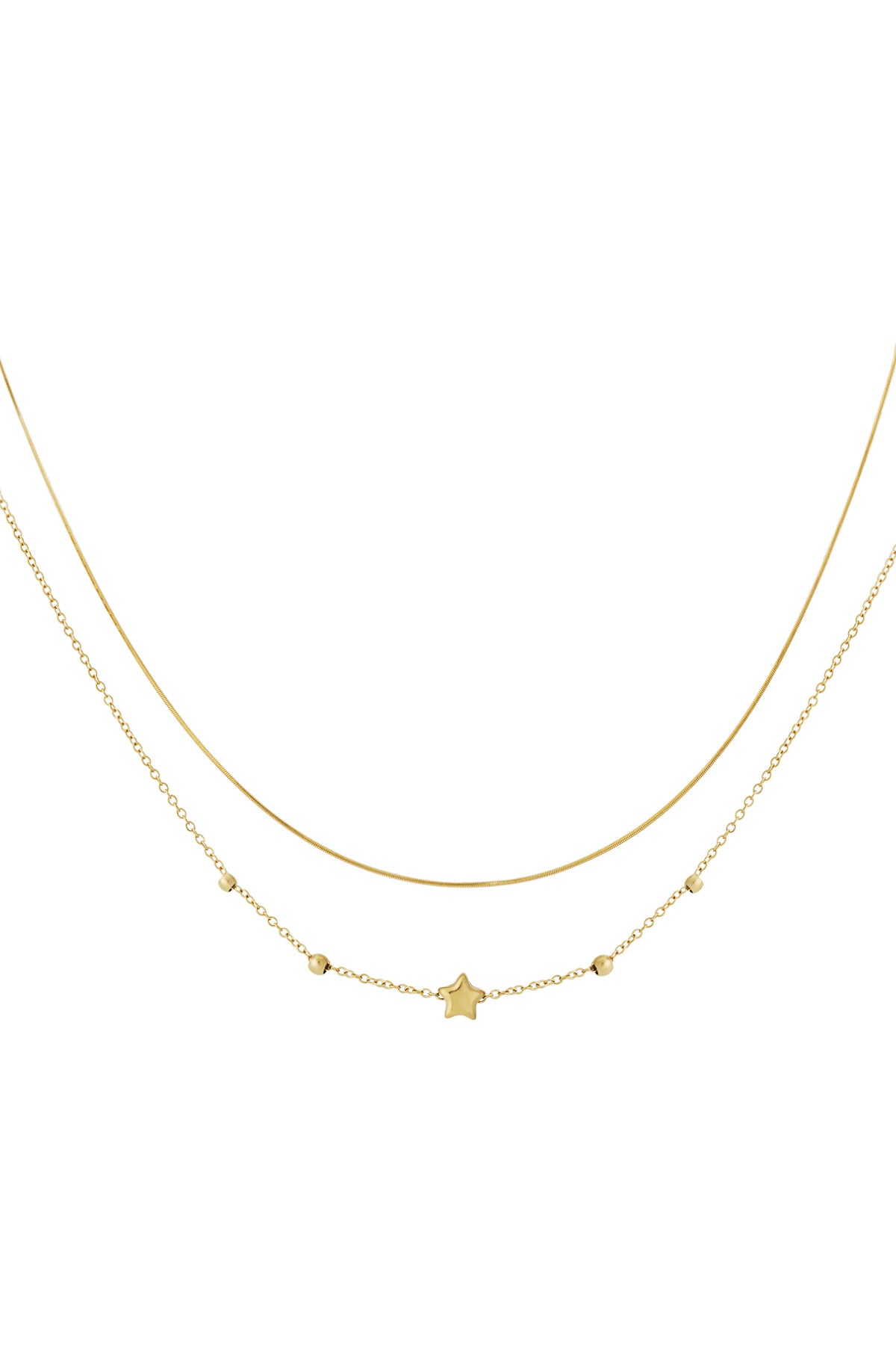 Gold toned double layered necklace with one chain smooth and one chain with small star and round beads detail