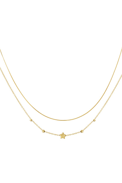 Gold toned double layered necklace with one chain smooth and one chain with small star and round beads detail