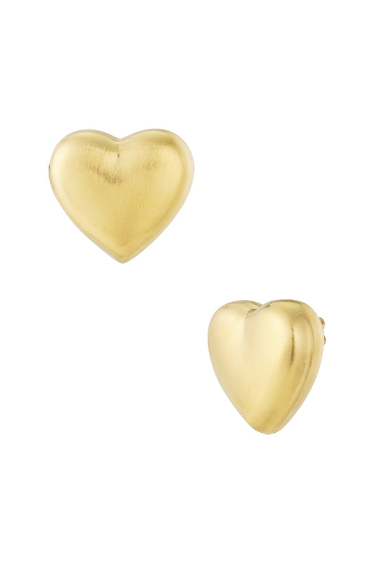Close-up of matte gold heart-shaped stud earrings on white background