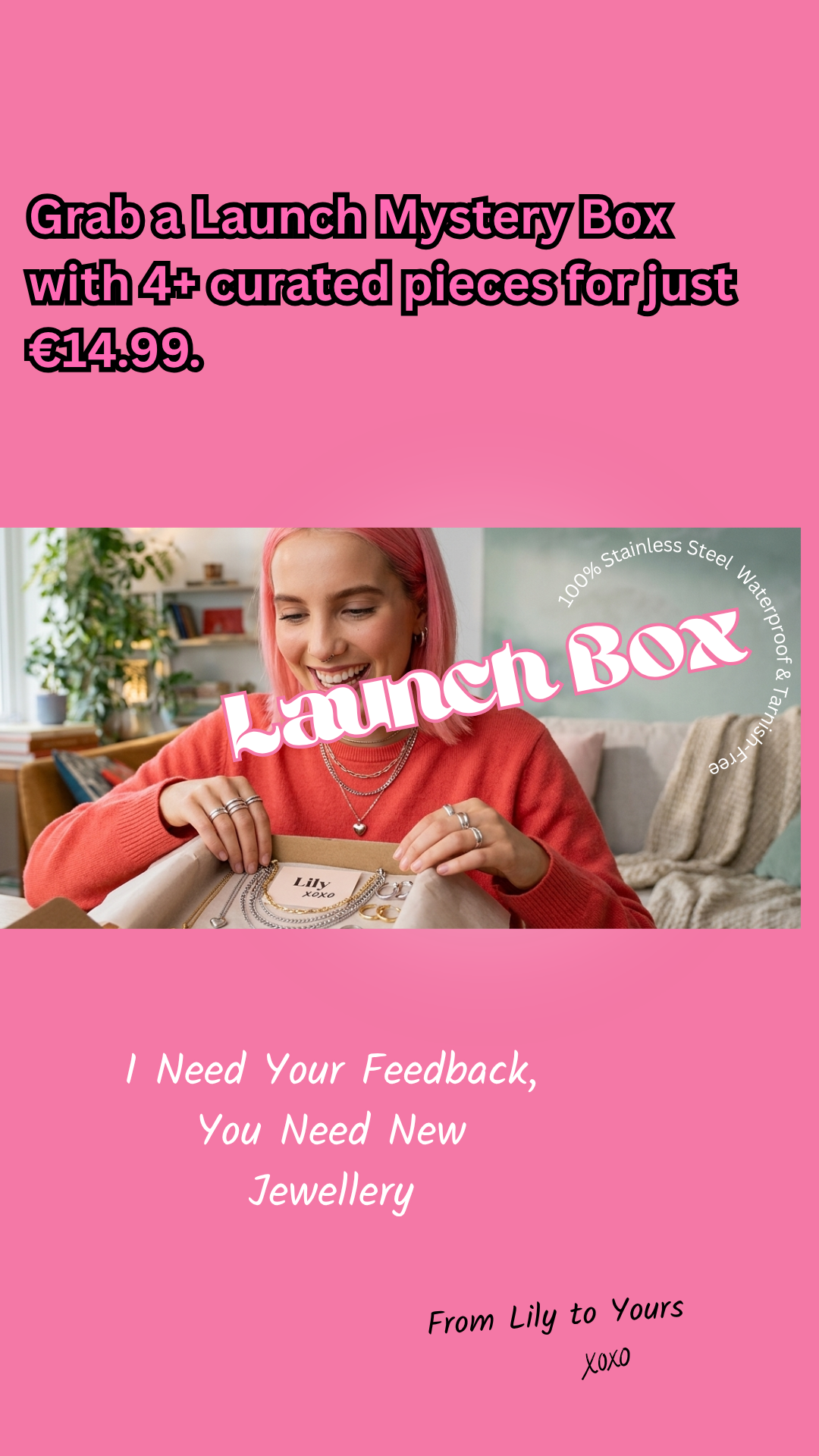 Woman opening a House of Lily box containing silver and gold stainless steel layered necklaces, hoops, and stackable rings.