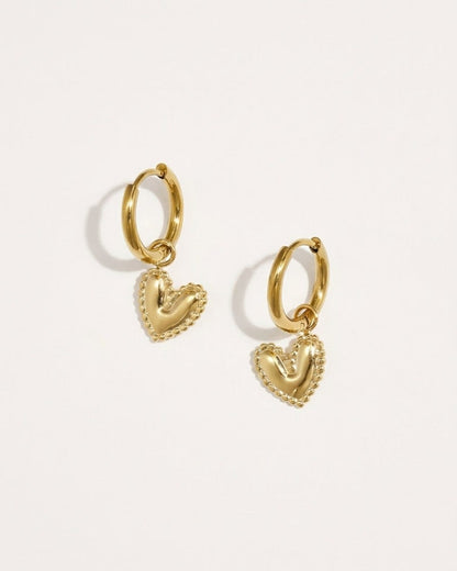 Heart Drop Earrings: gold hoop earrings featuring puffy heart pendants with beaded borders.