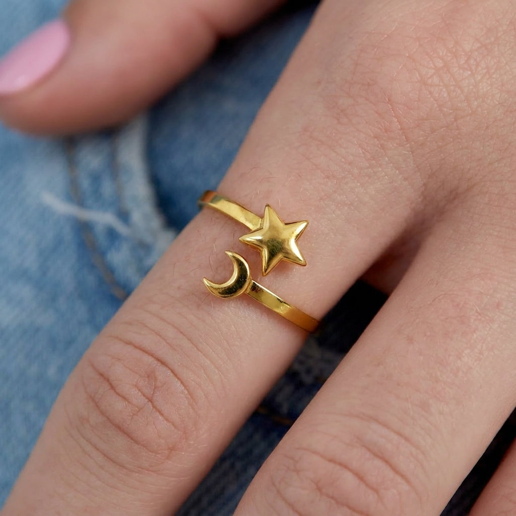 Gold open-style Celestial Mood Ring featuring a polished star and crescent moon on a slender band.