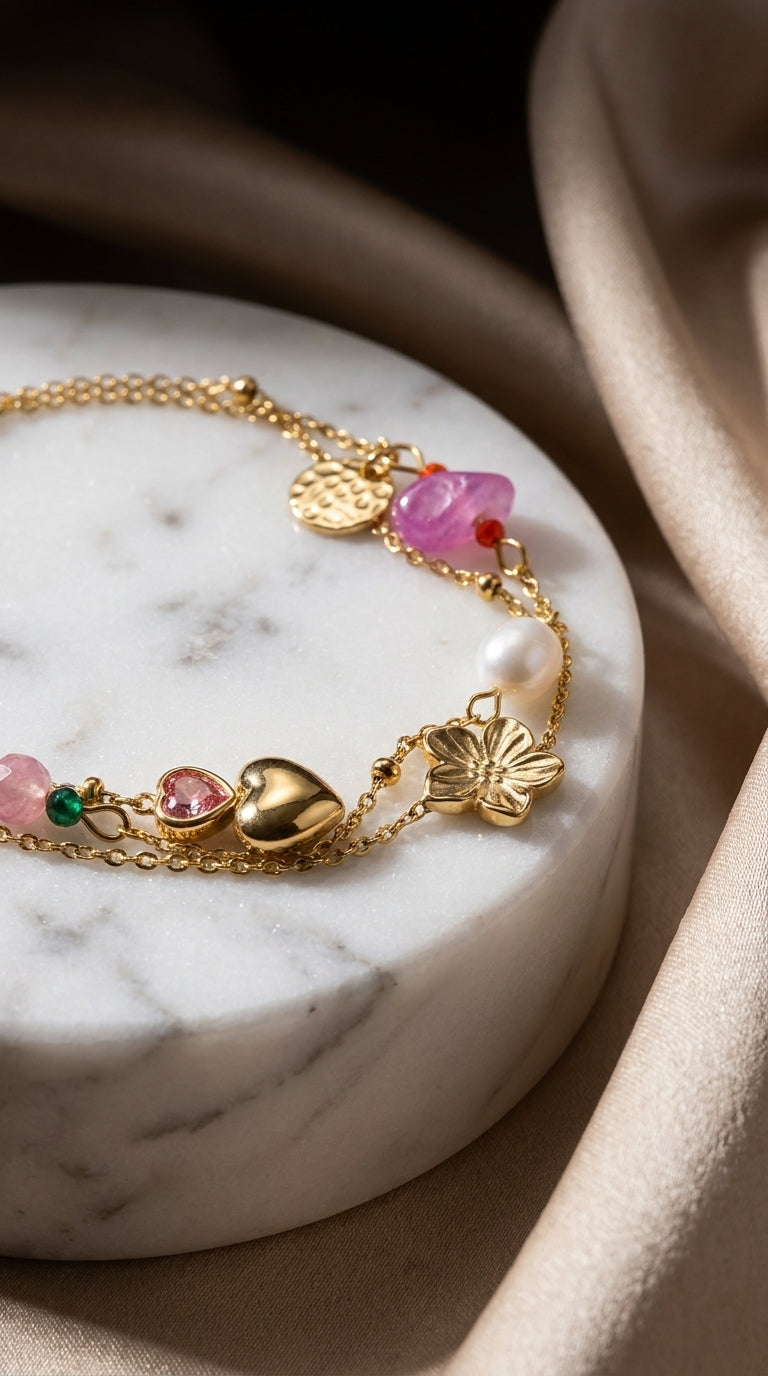 Gold-tone charm bracelet with heart, flower, and coin charms featuring colorful gemstones and a white pearl.