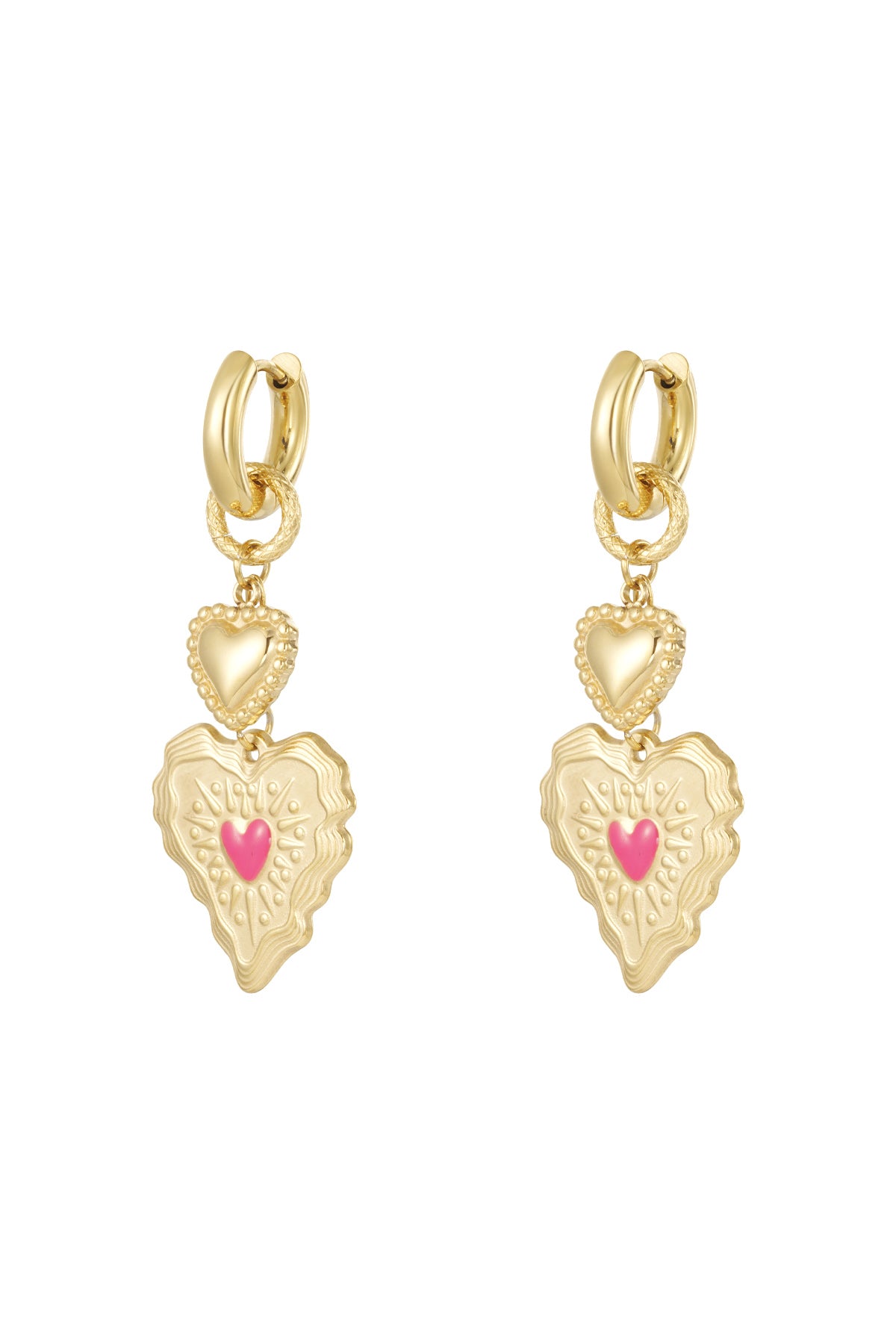 Pair of gold heart drop earrings with textured double hearts and pink center detail on white background