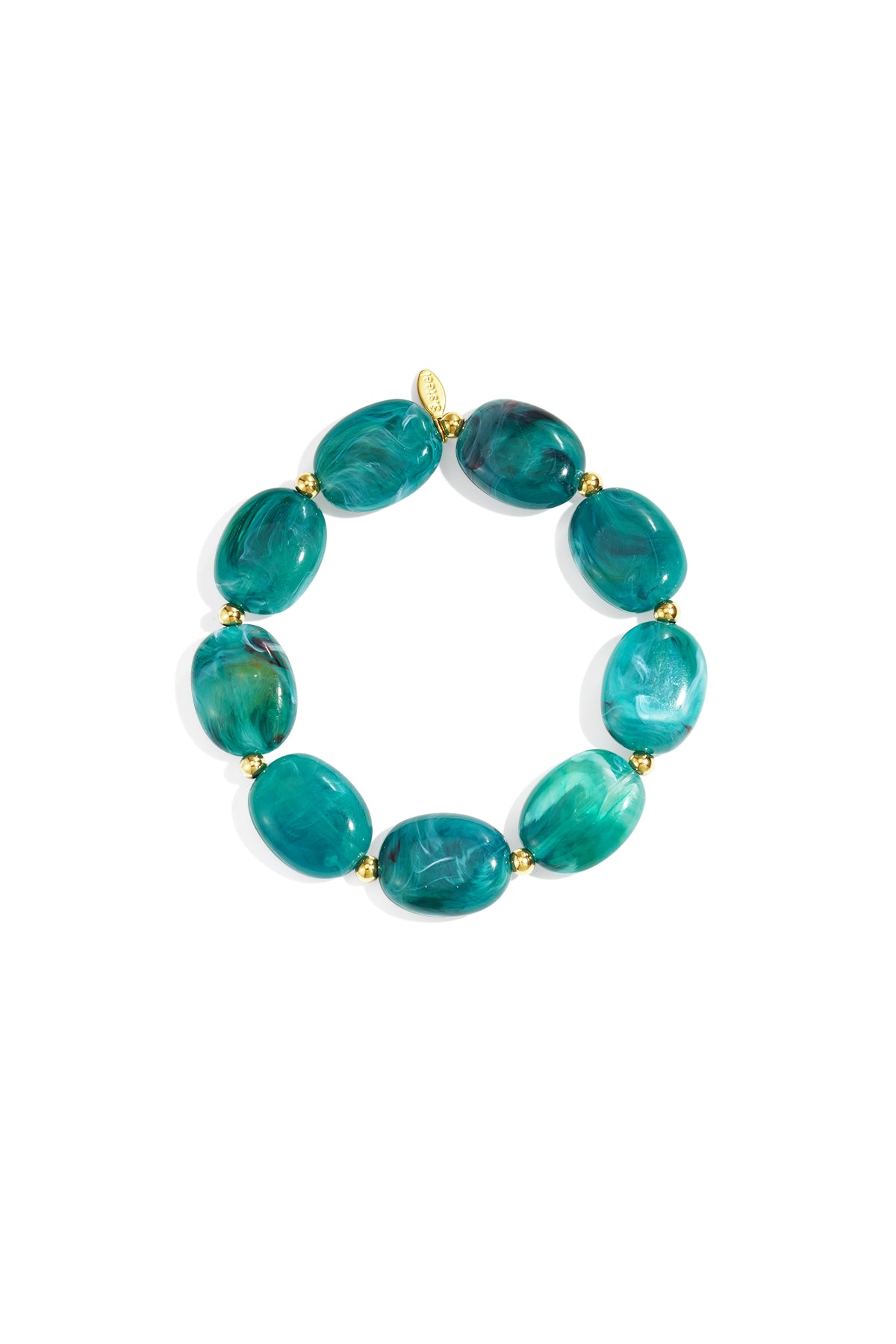 Close-up of a teal green acrylic beaded bracelet with gold spacers on a white background