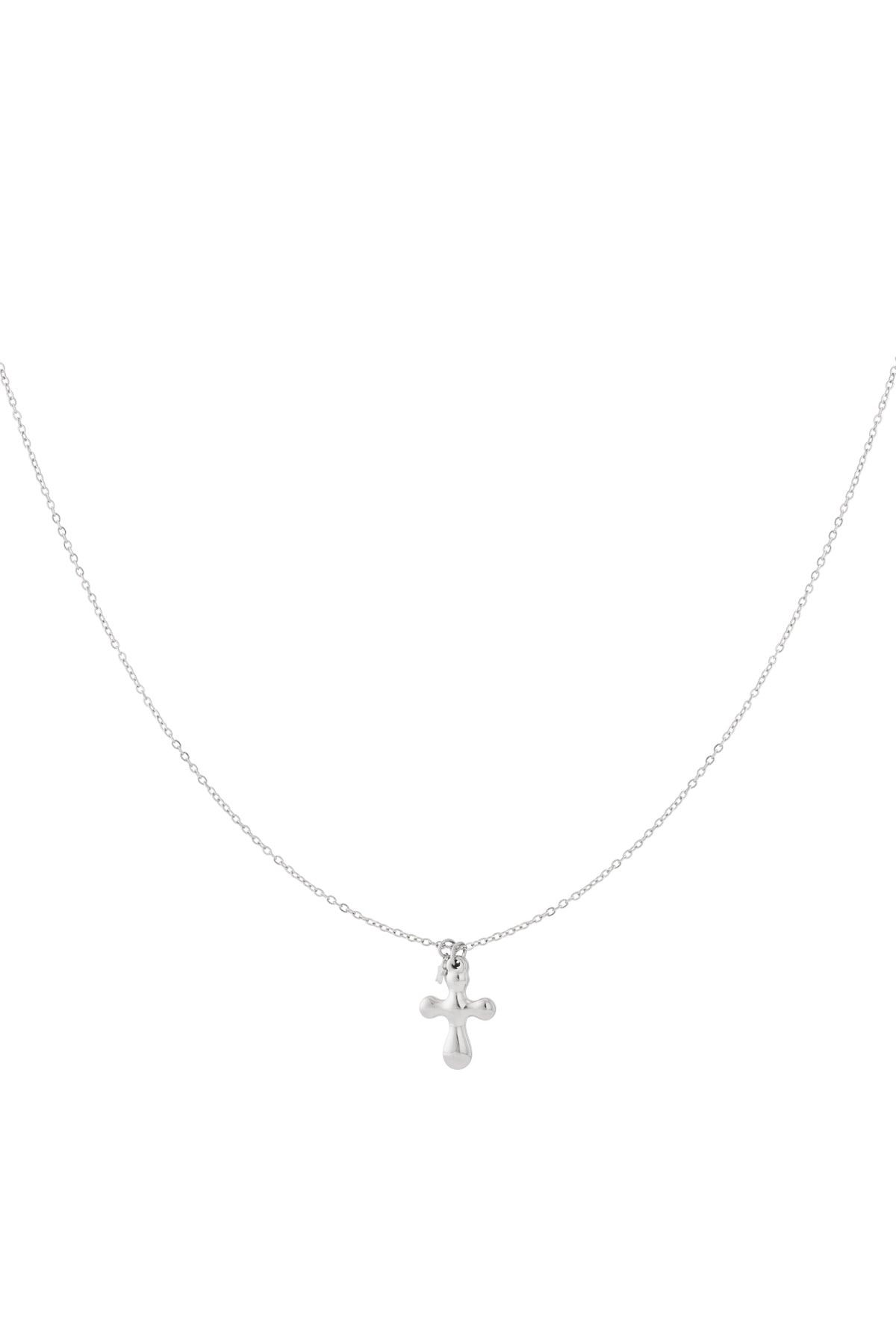 Minimal silver cross pendant necklace with thin chain on white background