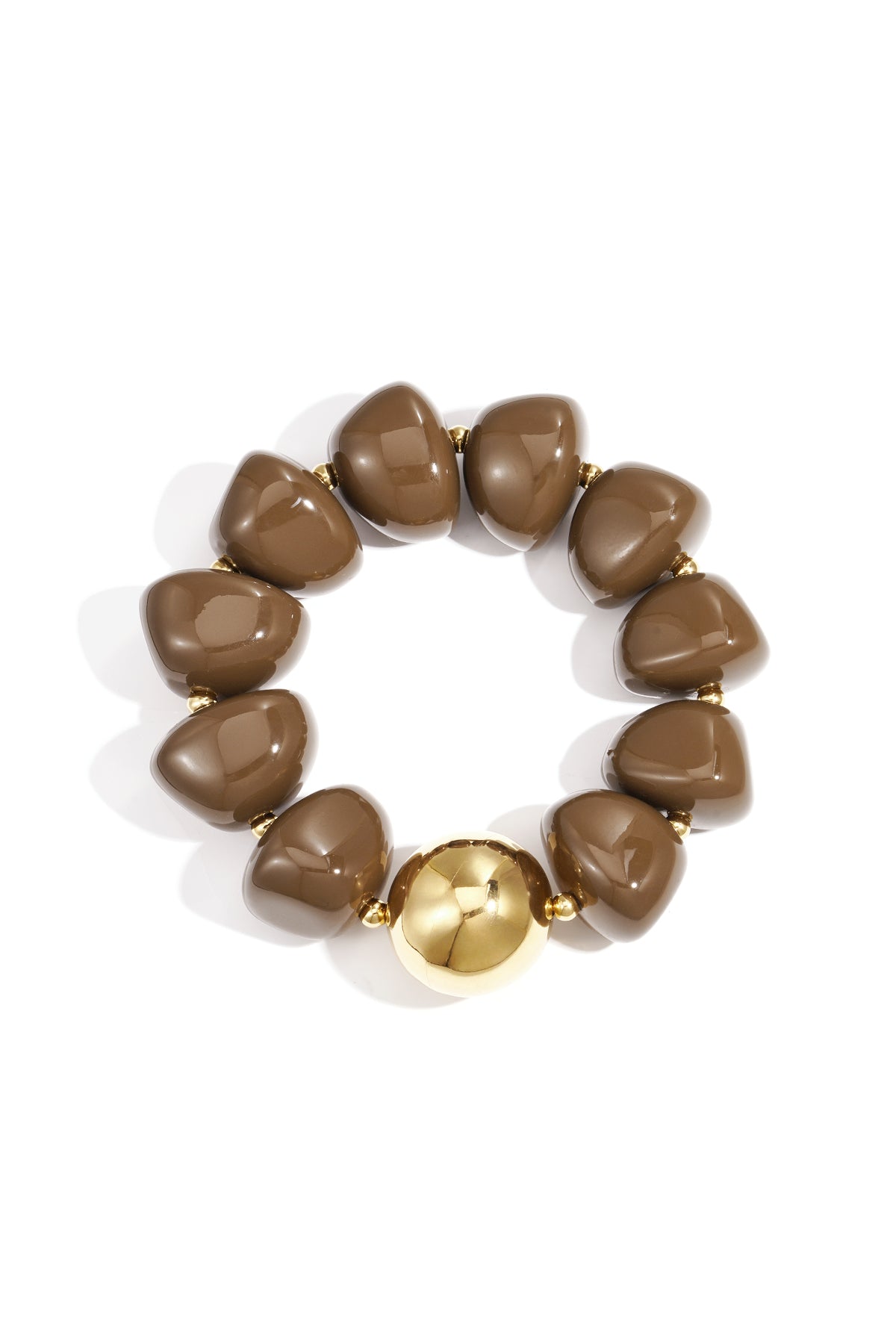 Close-up of a chunky brown acrylic beaded bracelet with one shiny gold bead