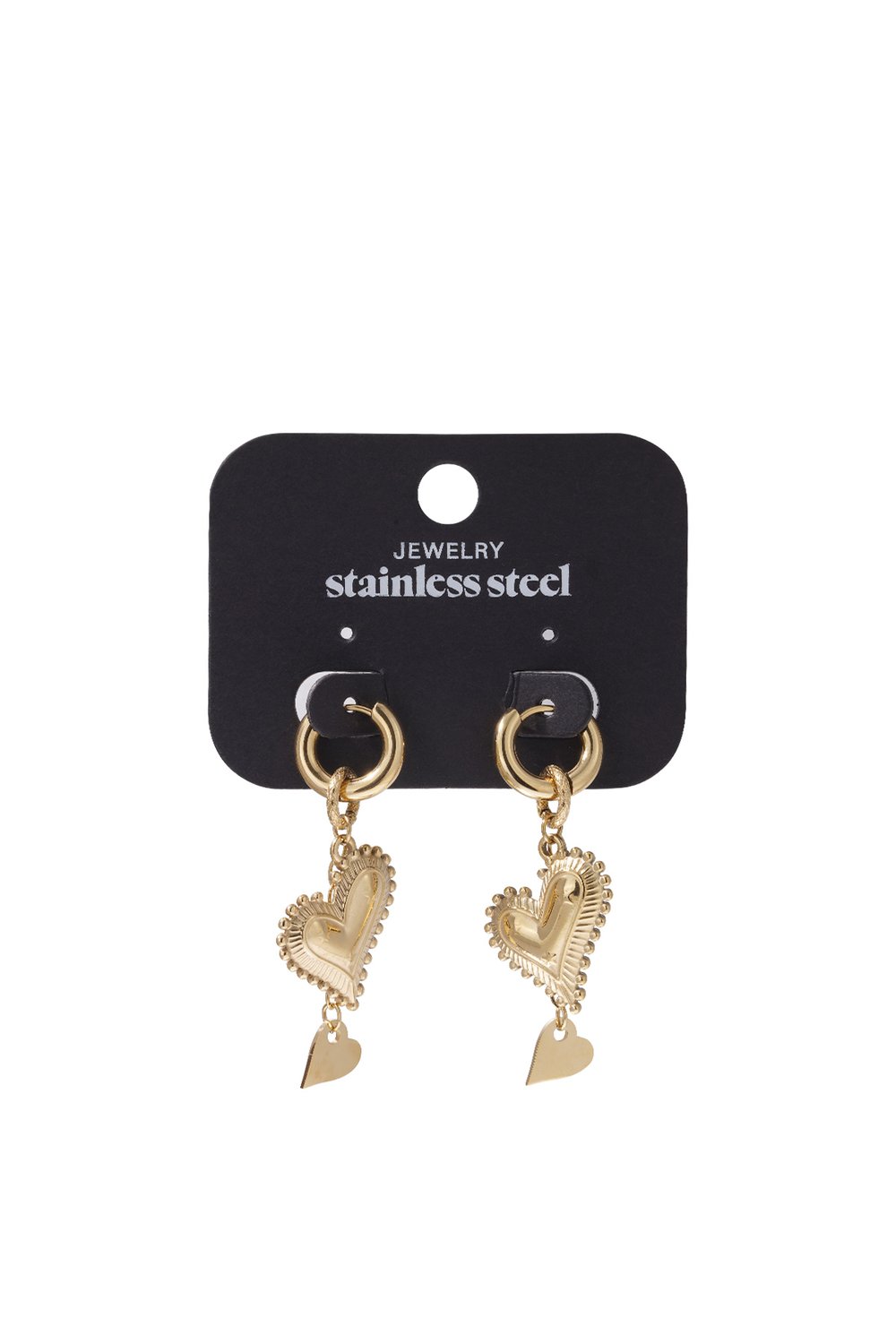 Gold stainless steel hoop earrings featuring textured heart charms and tiny dangling heart pendants.