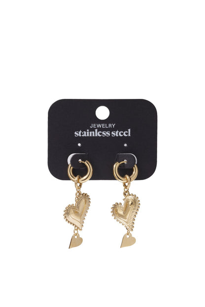 Gold stainless steel hoop earrings featuring textured heart charms and tiny dangling heart pendants.