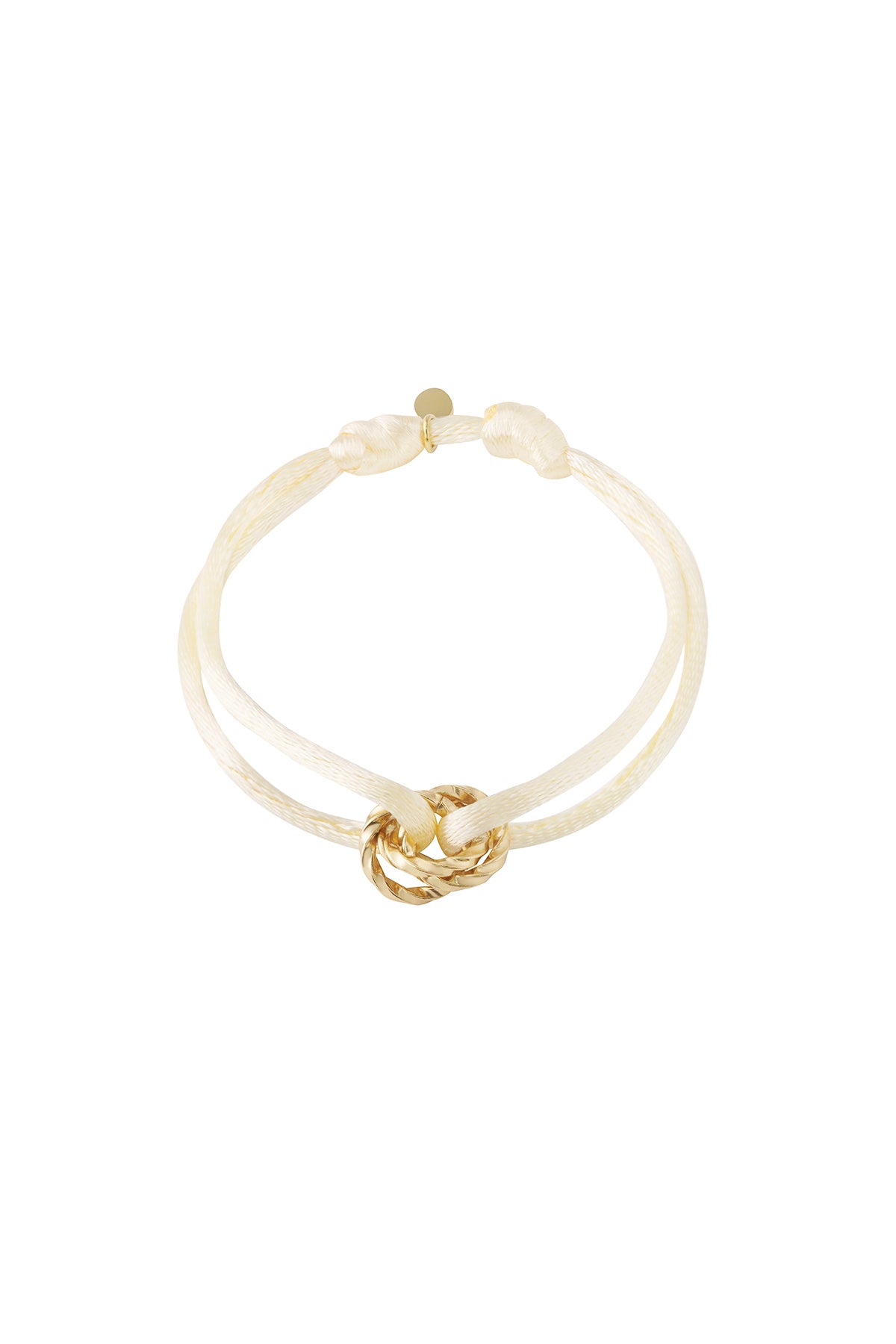 Purple knot charm bracelet with gold-plated twisted knot pendant on white background