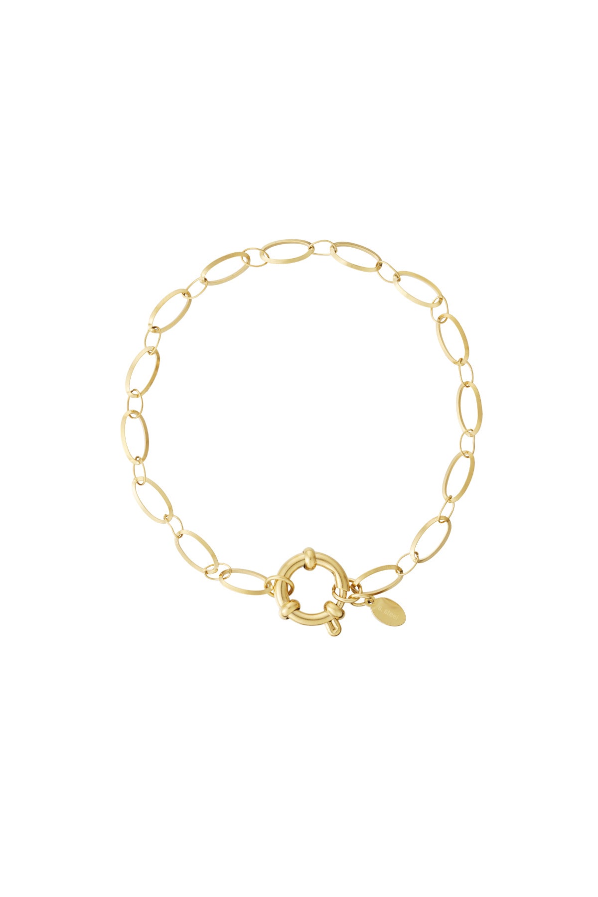 Gold-tone chain bracelet with elongated oval links and a circular spring ring clasp, displayed on white background