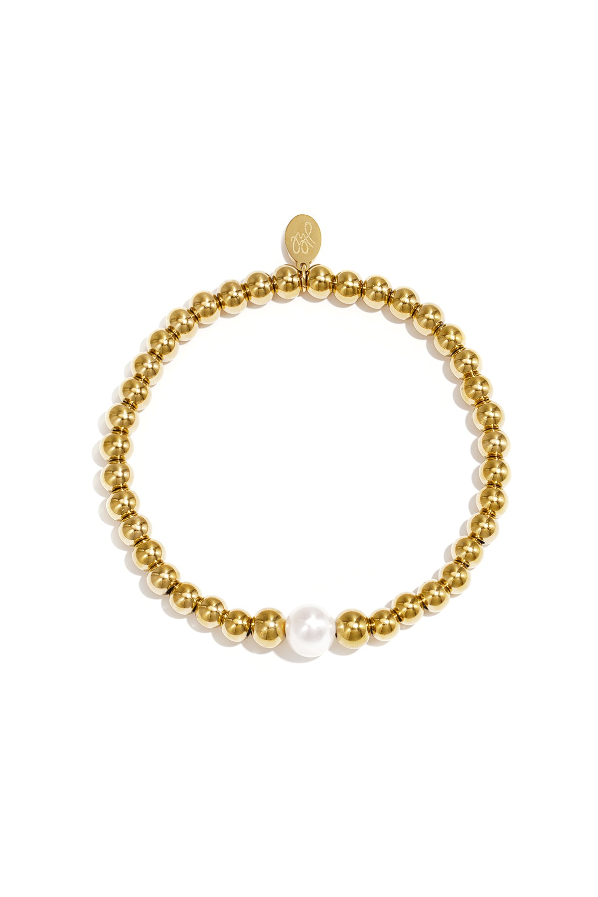 Close-up of a gold beaded bracelet with a single white pearl centerpiece and a small round branded tag on a white background