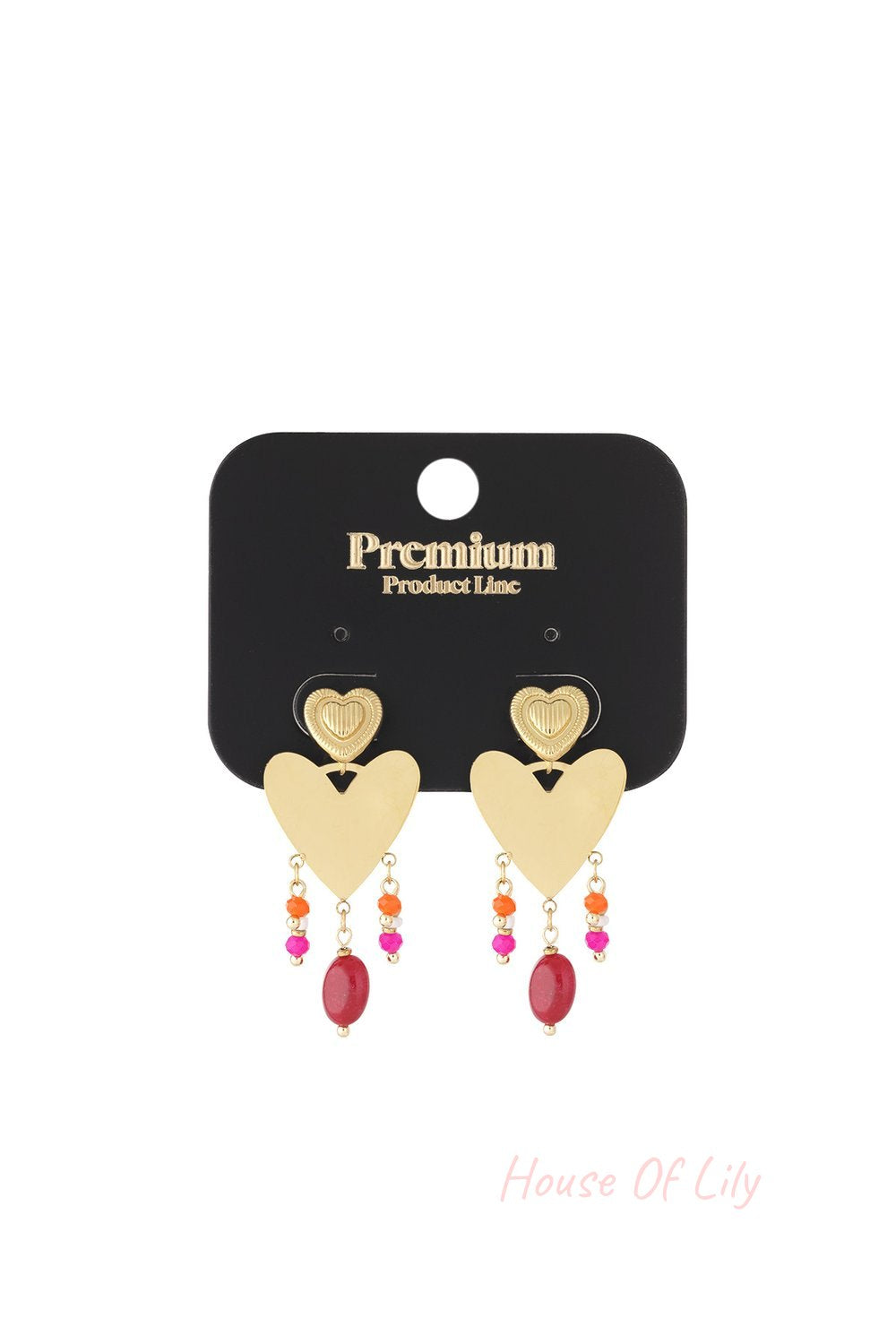 Gold-tone heart drop earrings with dangling colorful beads in pink, orange, and red on a branded black display card.