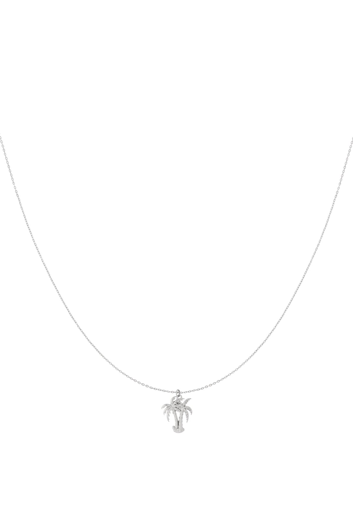 Silver pendant necklace featuring a finely crafted palm tree charm on an adjustable chain, displayed on a white background