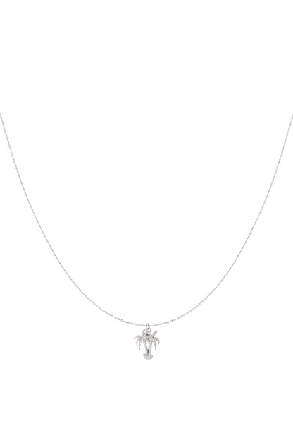 Silver pendant necklace featuring a finely crafted palm tree charm on an adjustable chain, displayed on a white background