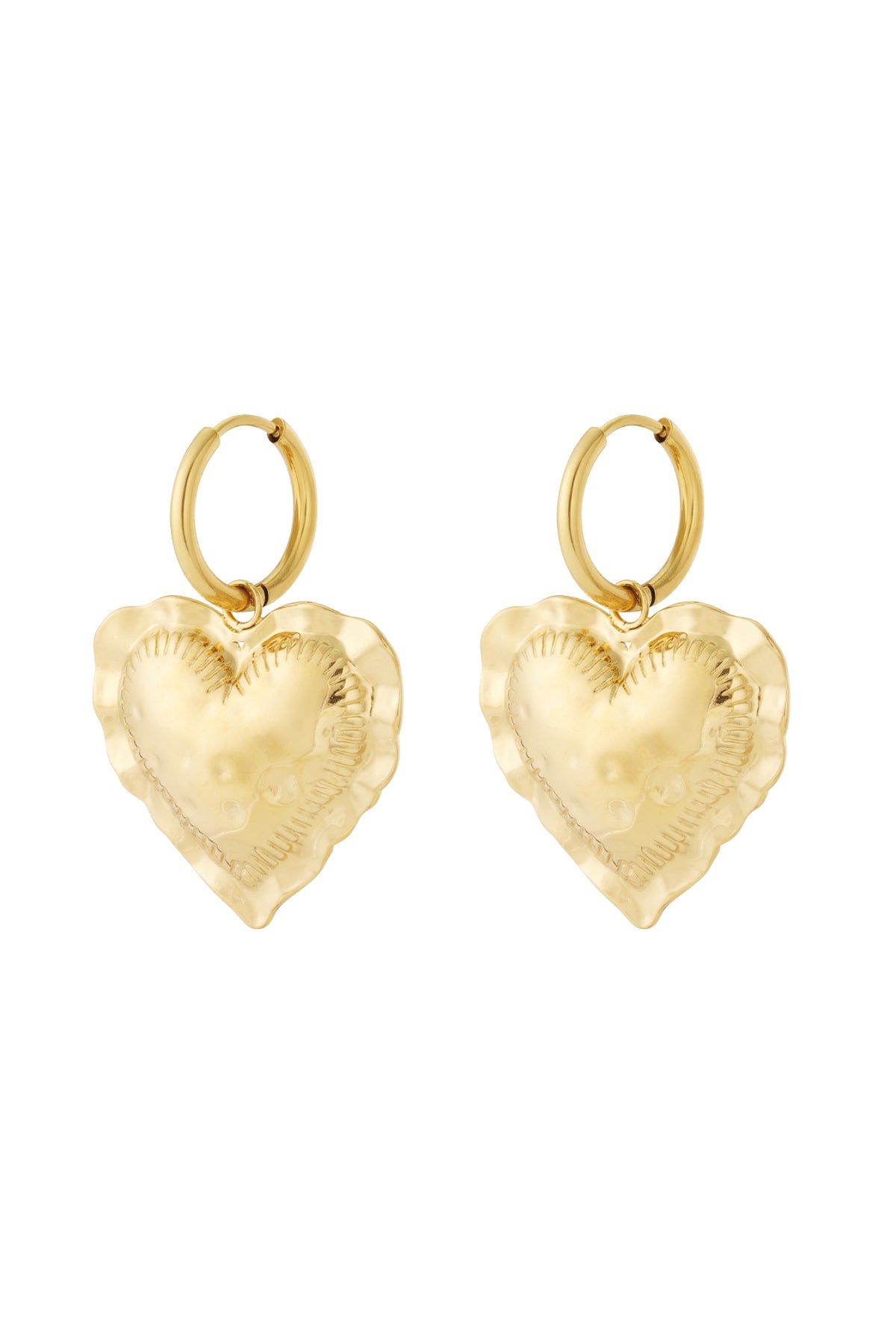 Gold Heart Loop Drops: Pair of shiny gold huggie hoops with puffed, scalloped-edge heart charms.