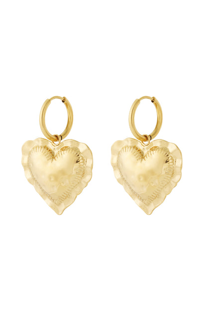 Gold Heart Loop Drops: Pair of shiny gold huggie hoops with puffed, scalloped-edge heart charms.
