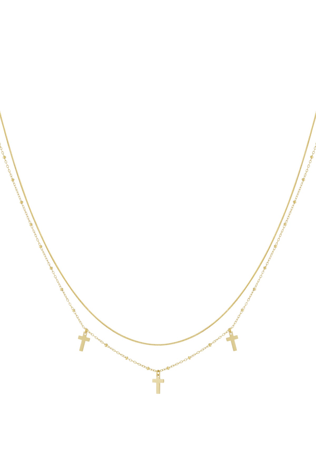 Gold layered necklace featuring two delicate chains with three small cross pendants on a white background