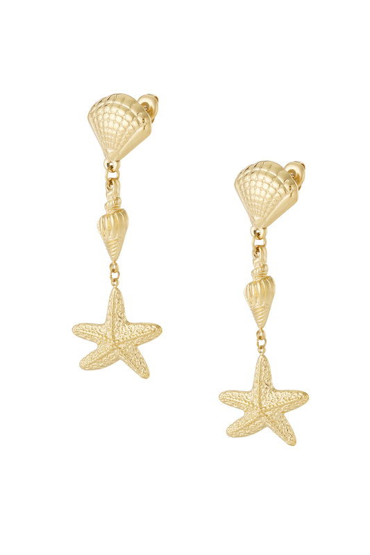 Gold sea life theme drop earrings with textured shell, conch, and starfish charms