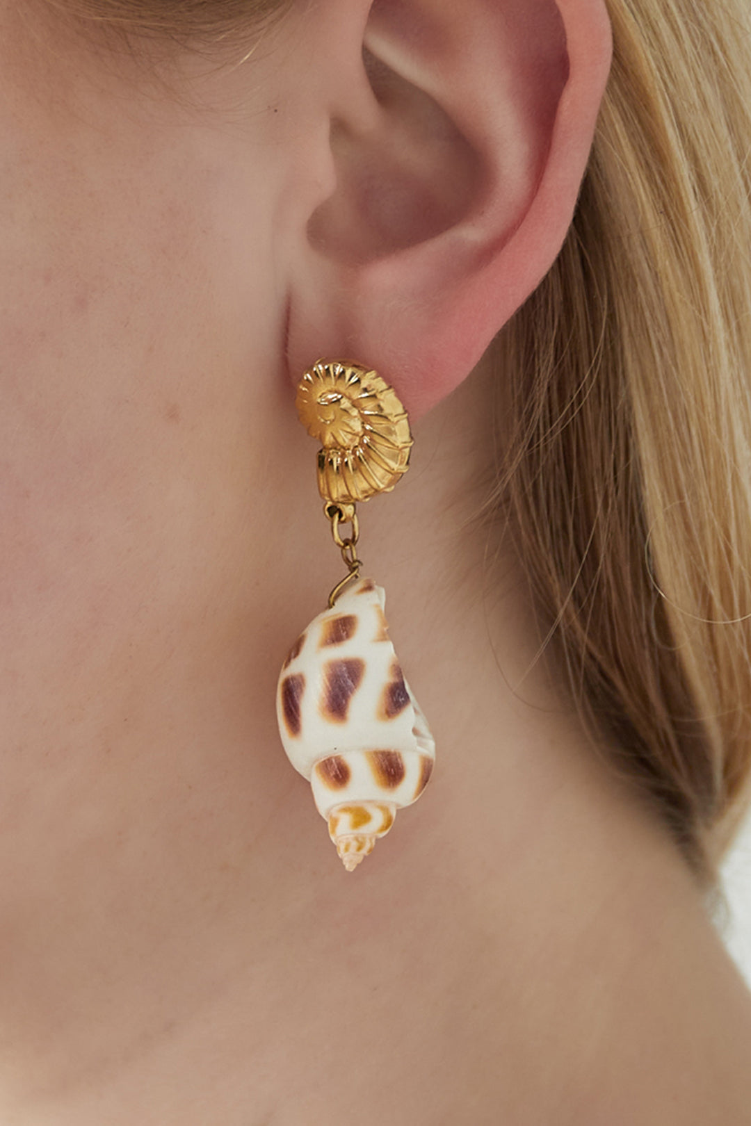 Close-up of seashell drop earring worn on ear showcasing gold stud and dangling natural patterned shell