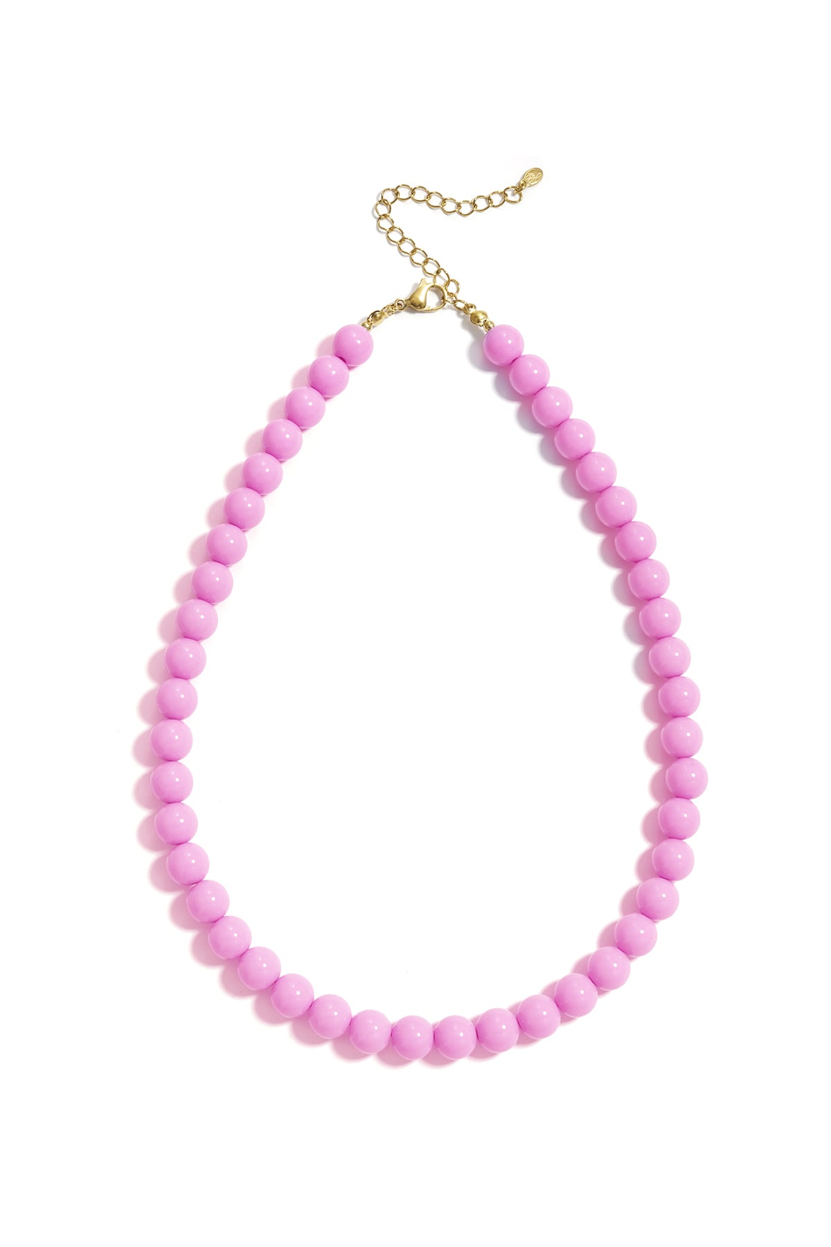 Pink resin beaded necklace with gold chain extender and clasp
