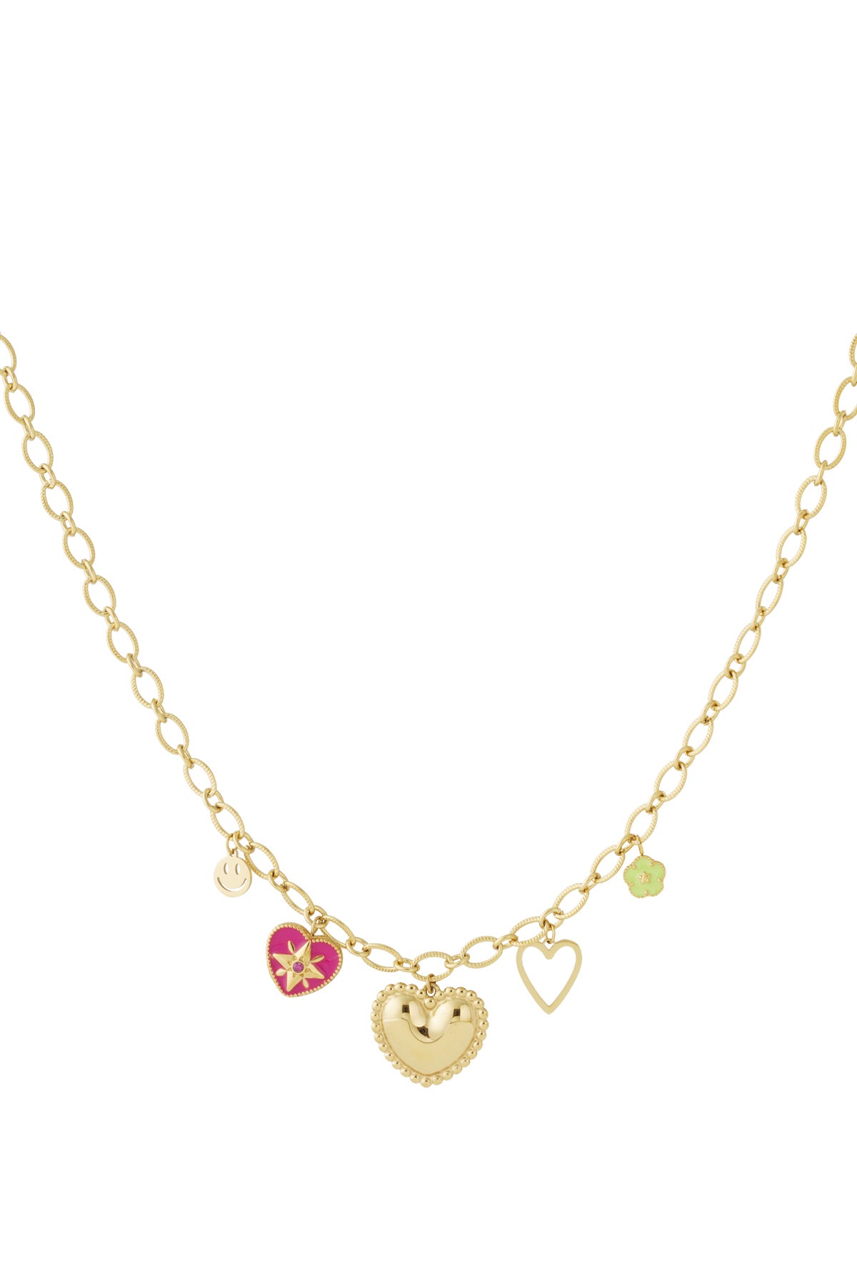 Gold-tone heart charm necklace with pink enamel heart, smiley face, green flower, and open heart charms on oval link chain