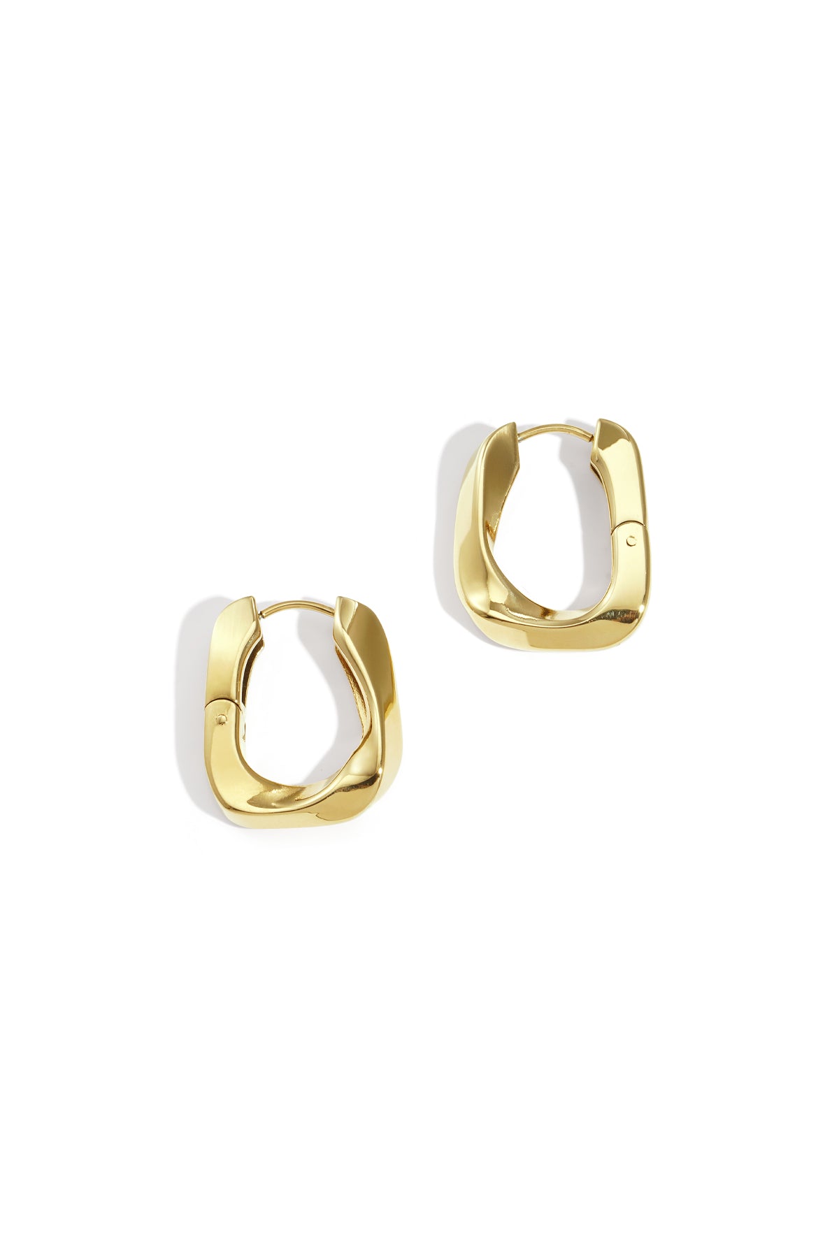Twist rectangular hoop earrings in polished gold stainless steel on white background
