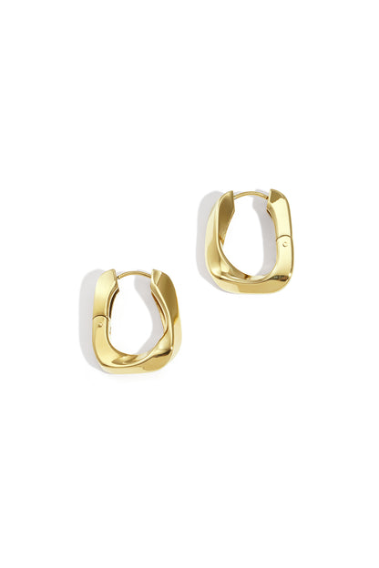 Twist rectangular hoop earrings in polished gold stainless steel on white background
