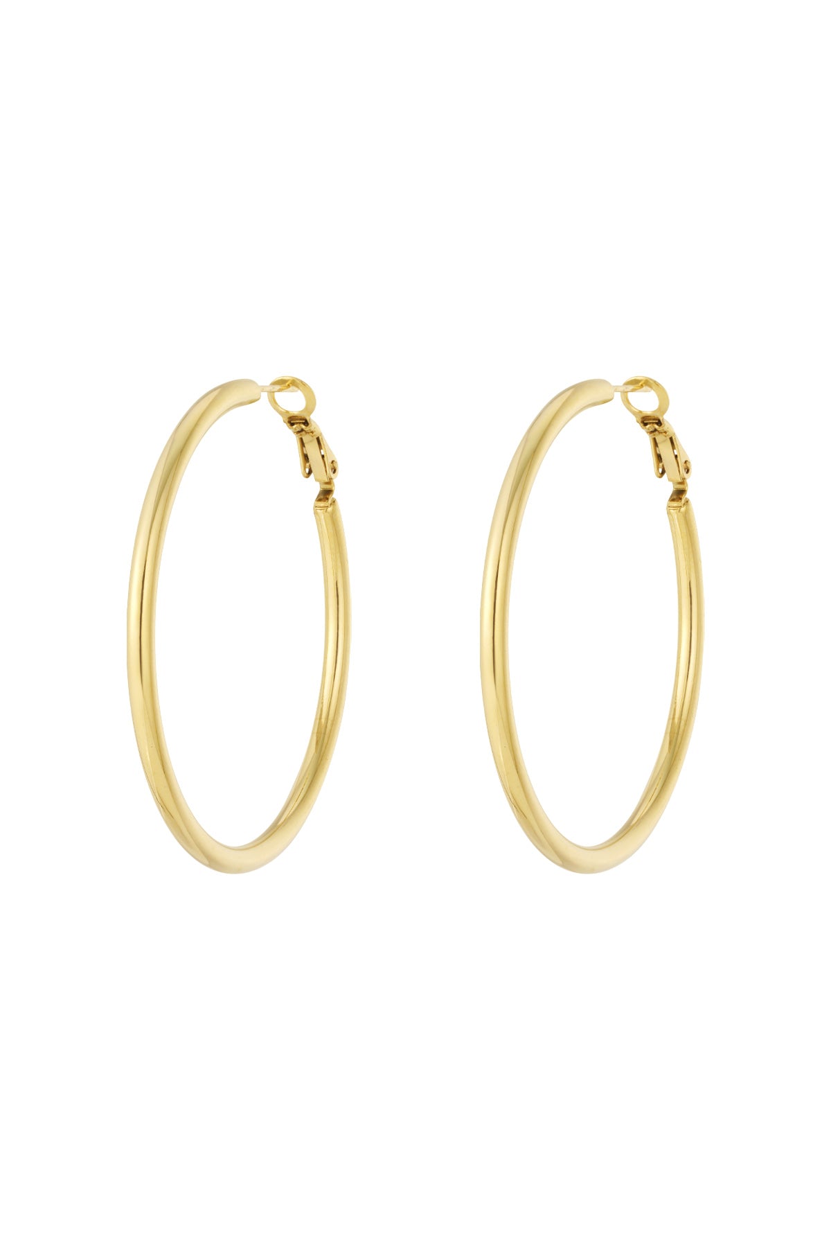 Another view of gold hoop earrings showing smooth polished finish