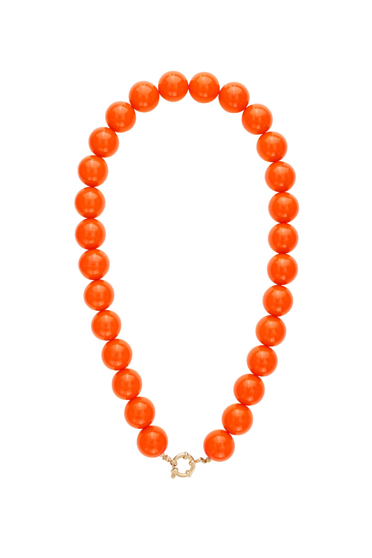 Chunky necklace featuring round, bright orange resin beads and a gold-tone circular front clasp.